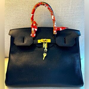 Birkin Style Black Leather 35 Top Handle Bag